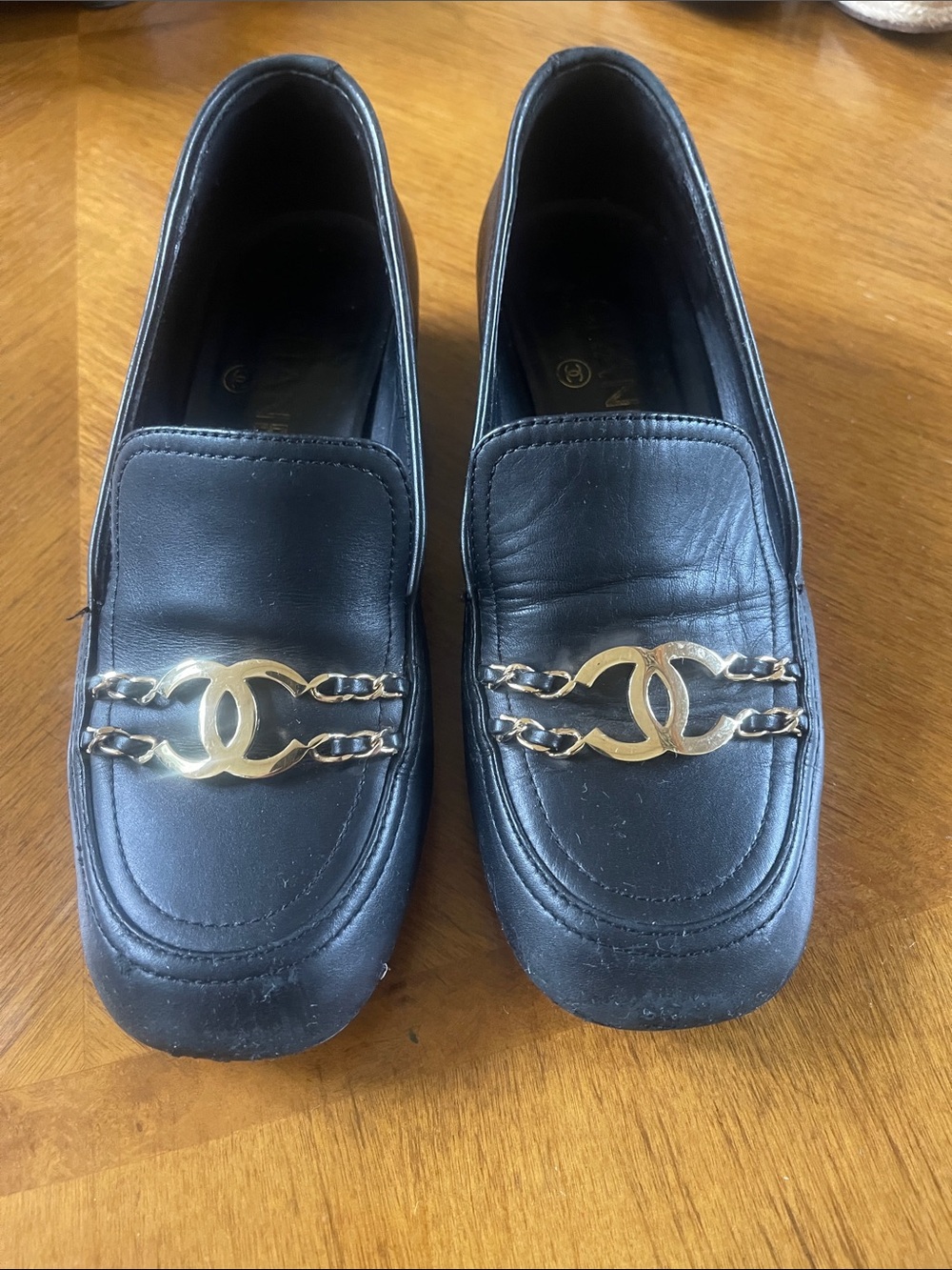 Chanel black  Leather Loafers with Gold Chain